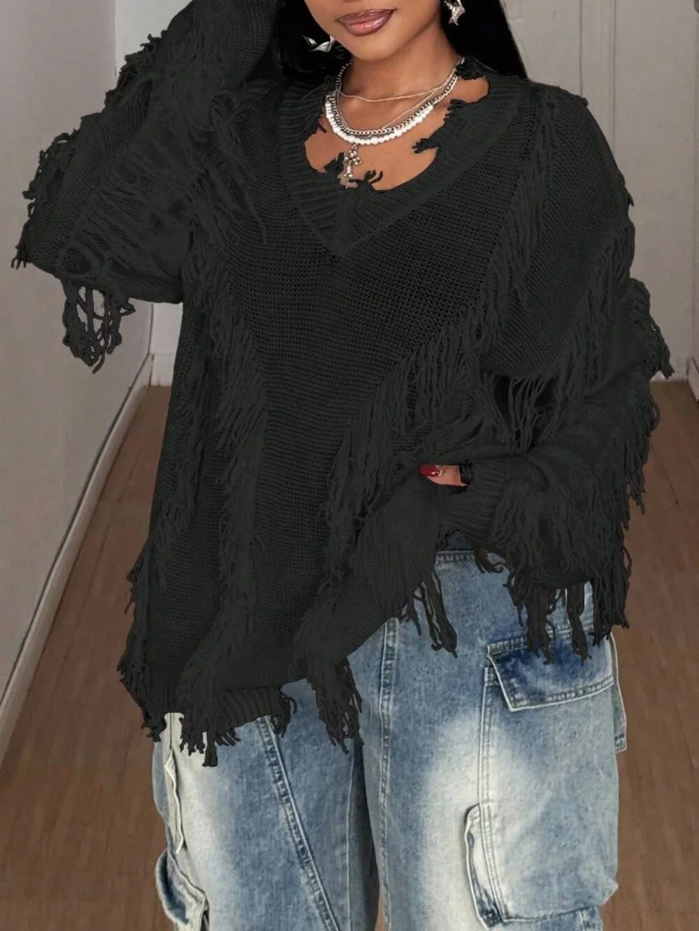 Black Casual Women's Loose V-Neck Tattered Drop Sleeve Pullover
